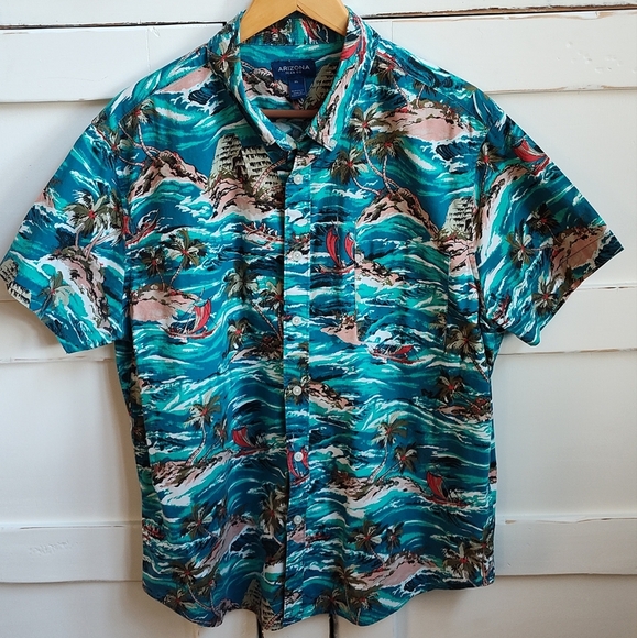 Arizona Jean Co Men's Blue Multi Hawaiian Print Short Sleeve Button Up | Size XL - Picture 1 of 7